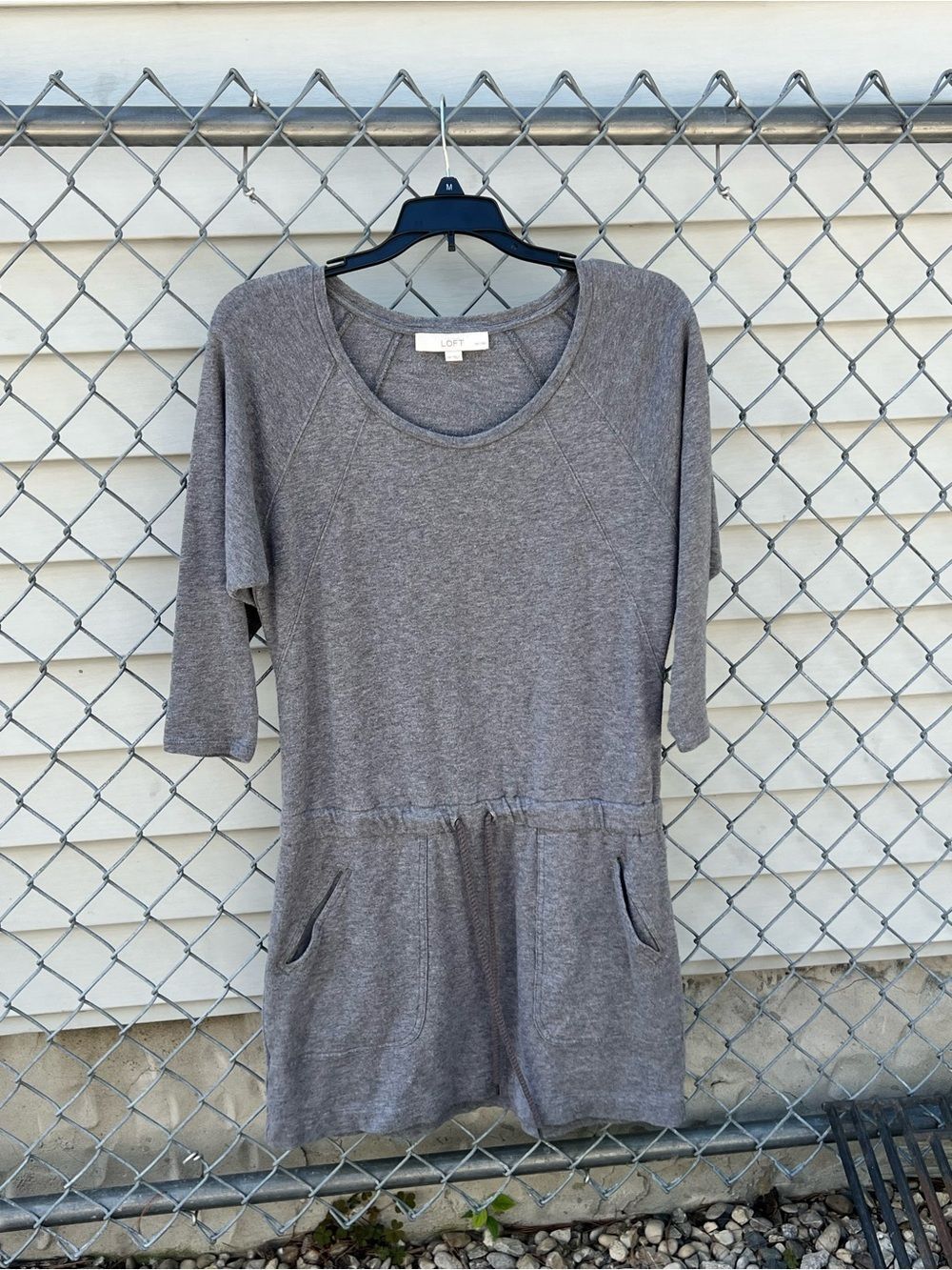 LOFT Gray 100% Cotton Cinch Waist Sweatshirt Dress Drawstring 3/4 Sleeve Size PS